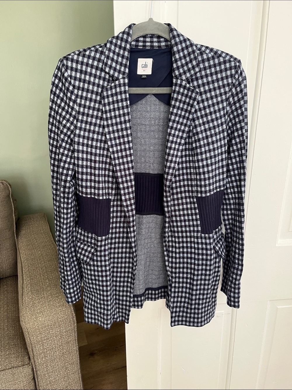 Cabi XS Navy and Blue-Gray Checks Knit Jacket Long Sleeves
